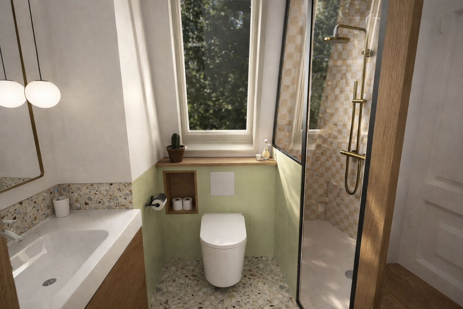 Salle de bain compacte avec wc suspendu, lavabo en bois avec plan en béton fleuri, cabine de douche avec parois en verre, fenêtre avec vue sur des arbres, décoration moderne avec cactus et accessoires en or
