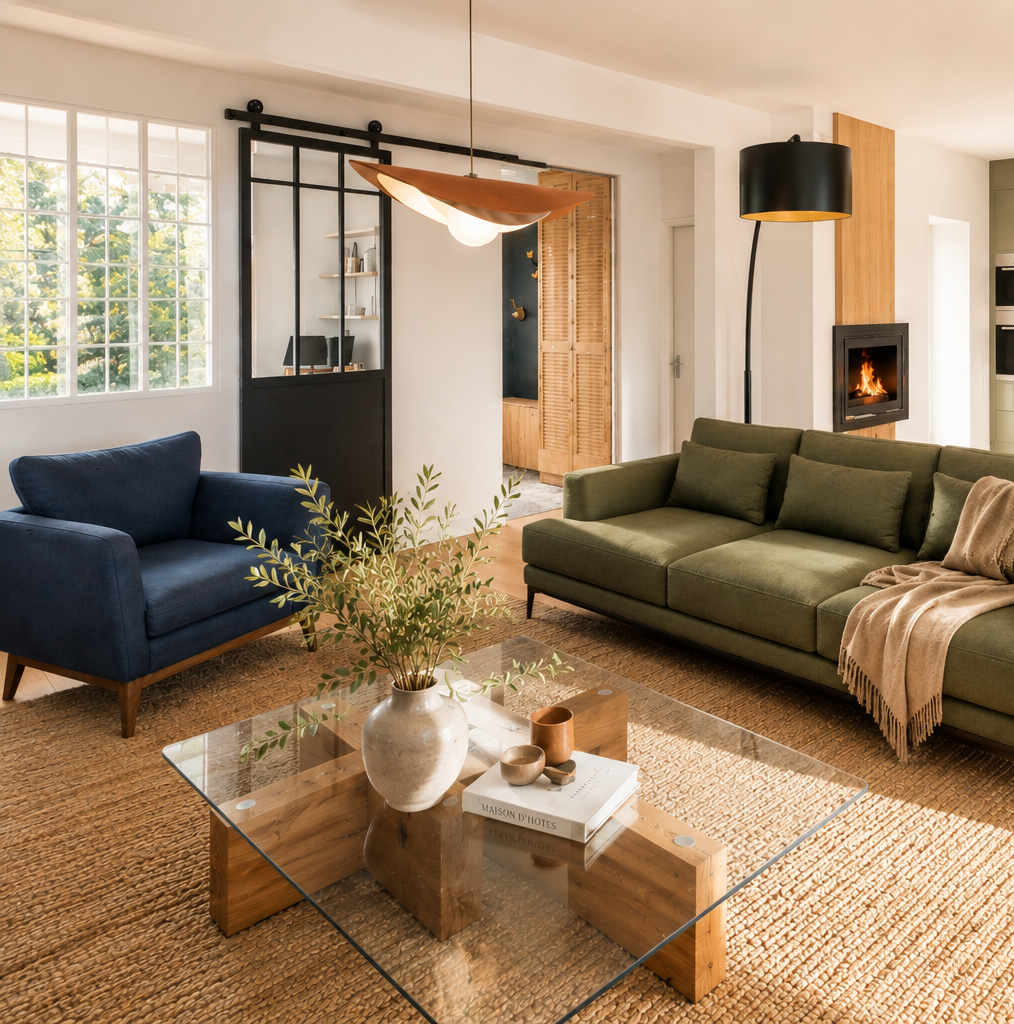 Salon moderne avec canapé vert, fauteuil bleu, table basse en verre et bois, cheminée allumée, lampes noires et en bois, et grande fenêtre avec vue sur la nature.