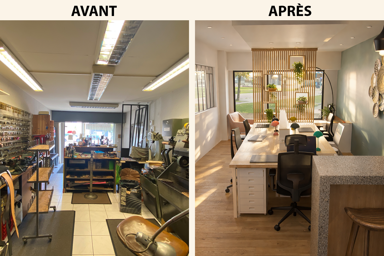Une comparaison avec la section « avant » montrant un atelier ou un magasin encombré avec des outils et du matériel, et la section « après » montrant un espace de bureau moderne, lumineux et bien organisé avec des chaises, une grande table, des plantes et une décoration accueillante.
