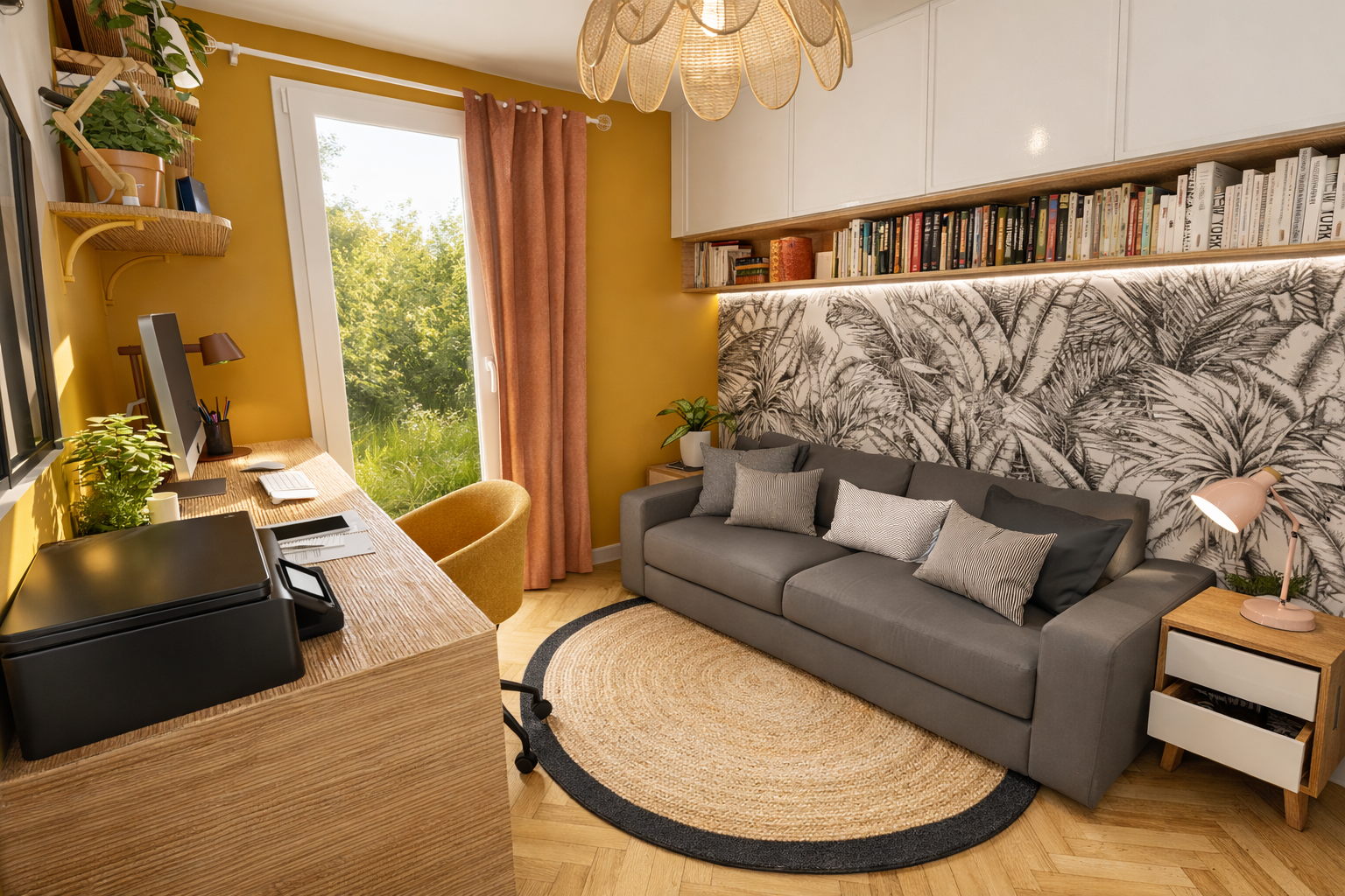 Un bureau à domicile avec un bureau en bois, un ordinateur, une imprimante, et des plantes vertes, à côté d'une fenêtre avec des rideaux roses, un canapé gris avec plusieurs coussins, une étagère remplie de livres, un mur avec un papier peint à motifs de feuilles, et une table de chevet en bois avec une lampe rose.