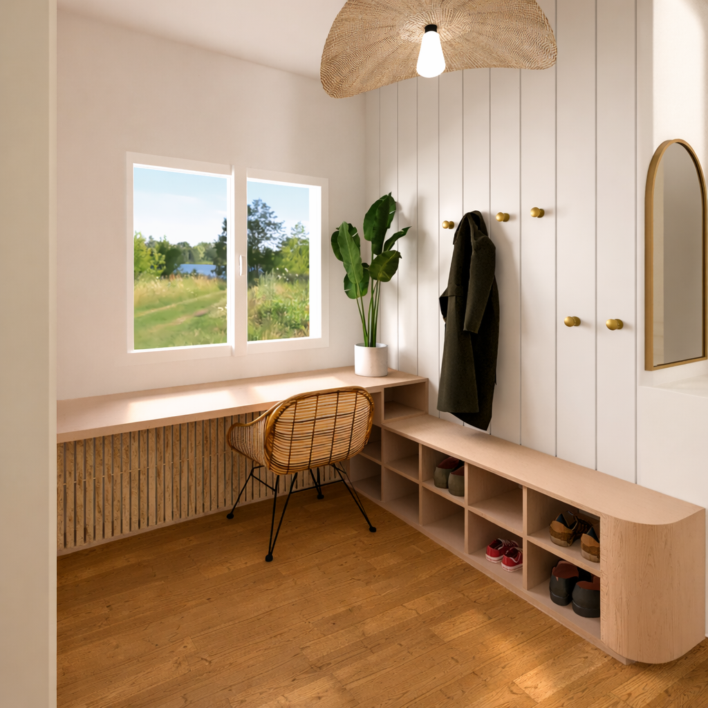 Entrée ou coin dressing avec un bureau en bois clair, un fauteuil en rotin, un grand armoire blanche avec des poignées dorées, un miroir et une plante verte en pot, sous un plafonnier en matériaux naturels.
