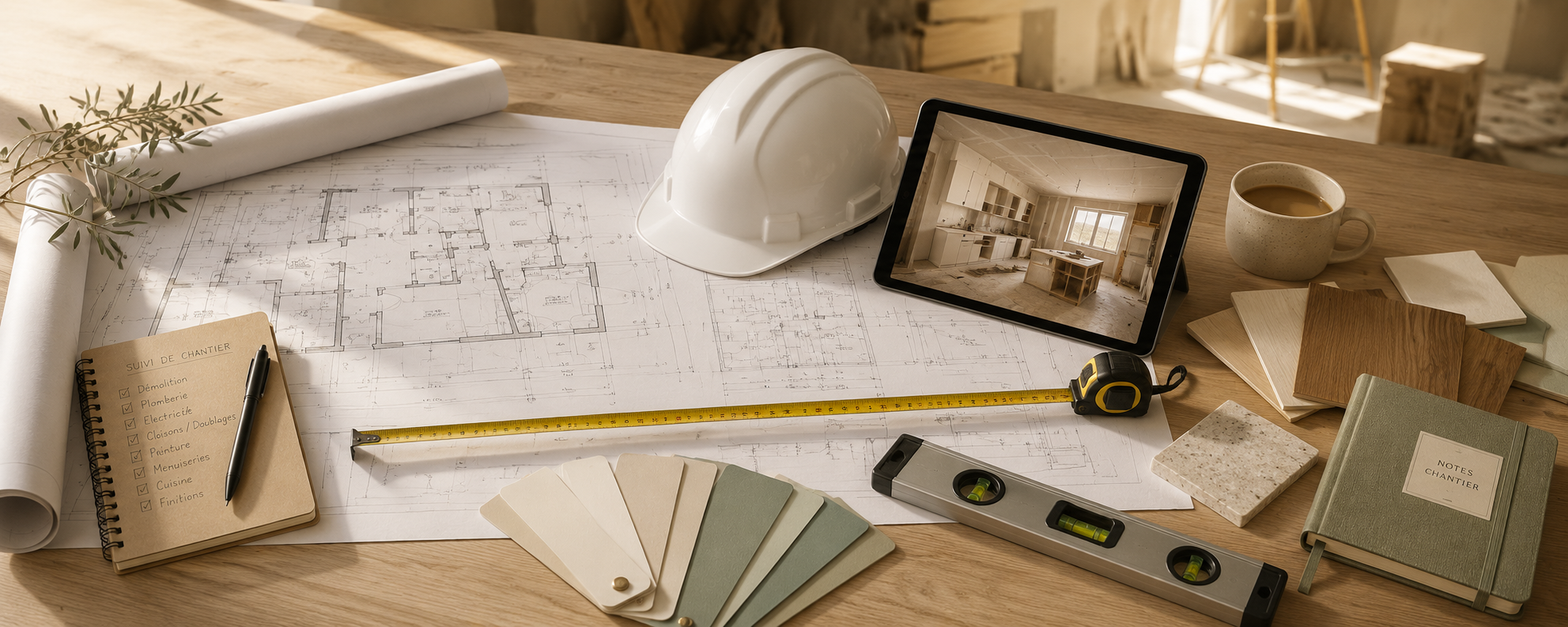 Plan d'architecture sur une table avec casque de construction, tablette affichant une photo d'une cuisine en rénovation, carnet de notes, échantillons de matériaux, niveaux à bulle, ruban à mesurer, et papier de dessin technique pour un projet de construction ou de rénovation.