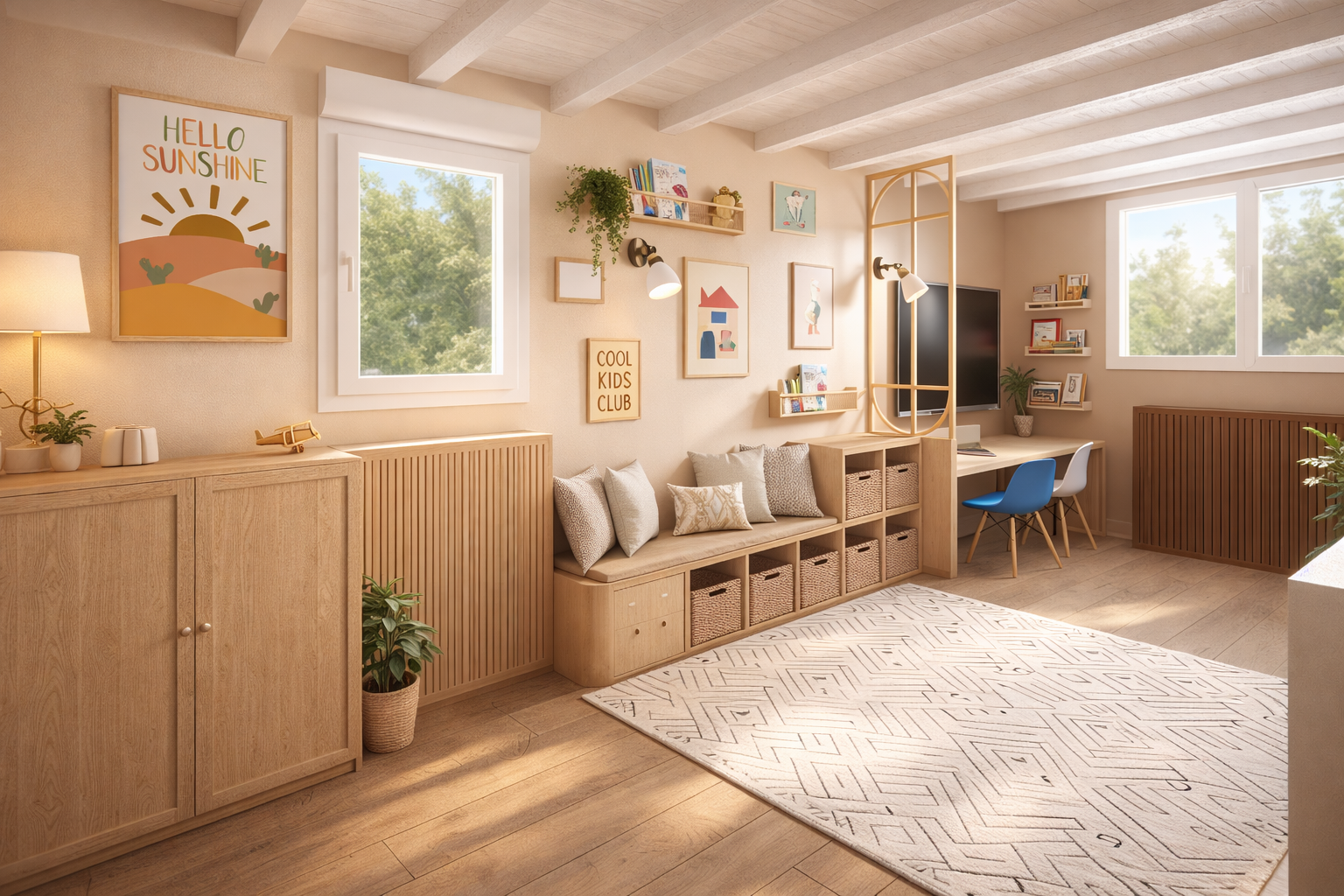 Un salon cosy avec mobilier en bois clair, des affiches colorées, des plantes, un tapis blanc à motifs et des fenêtres laissant passer la lumière naturelle, décoration pour enfants ou espace familial