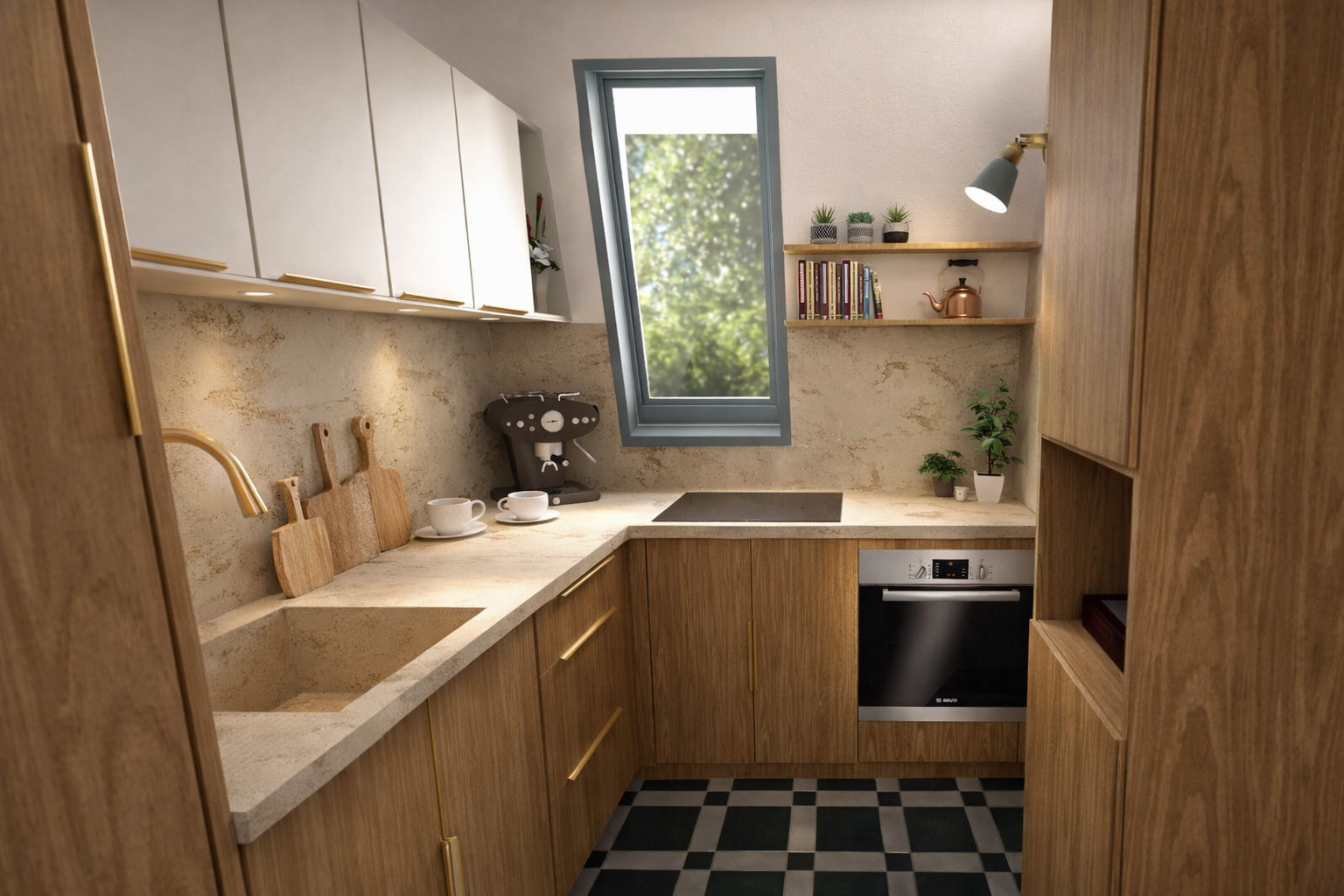 Petite cuisine moderne avec armoires en bois clair, évier, cuisinière électrique, étagères avec plantes et livres, machine à café, et fenêtre laissant entrer la lumière naturelle.