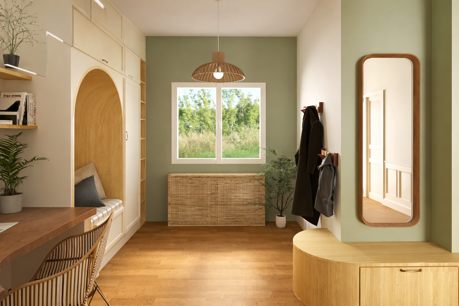 Une entrée lumineuse avec un miroir en bois, un placard en bois courbe, un banc en bois avec des coussins, des plantes vertes, un panier en rotin, un porte-manteau avec des vêtements noirs et gris, une fenêtre donnant sur un paysage verdoyant, un luminaire en rotin suspendu