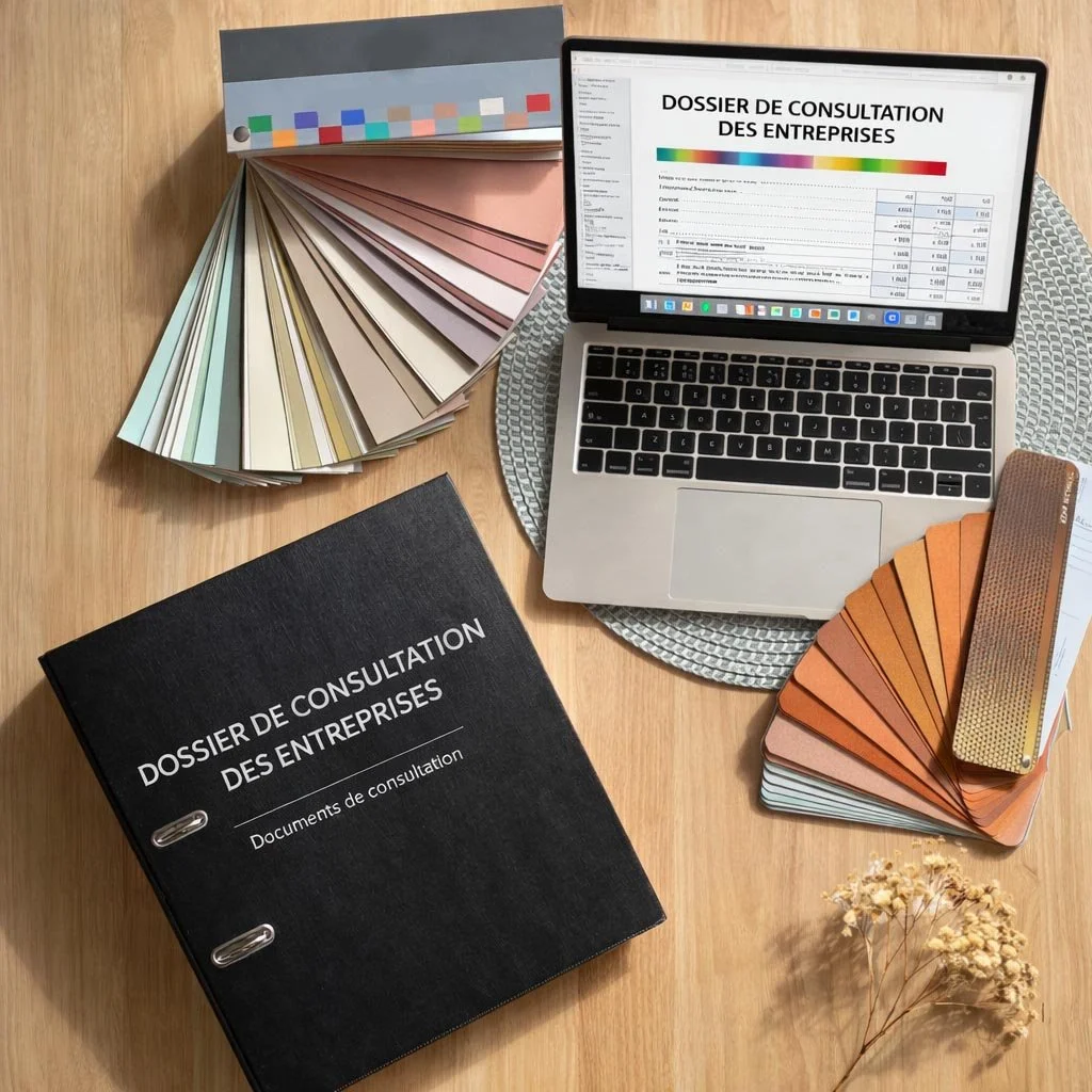 Onglet de consultation d'entreprise sur un ordinateur portable, nuancier de couleurs, livre intitulé 'Dossier de Consultation des Entreprises', échantillons de couleurs, palette de couleurs, petites fleurs rares sur une table en bois.