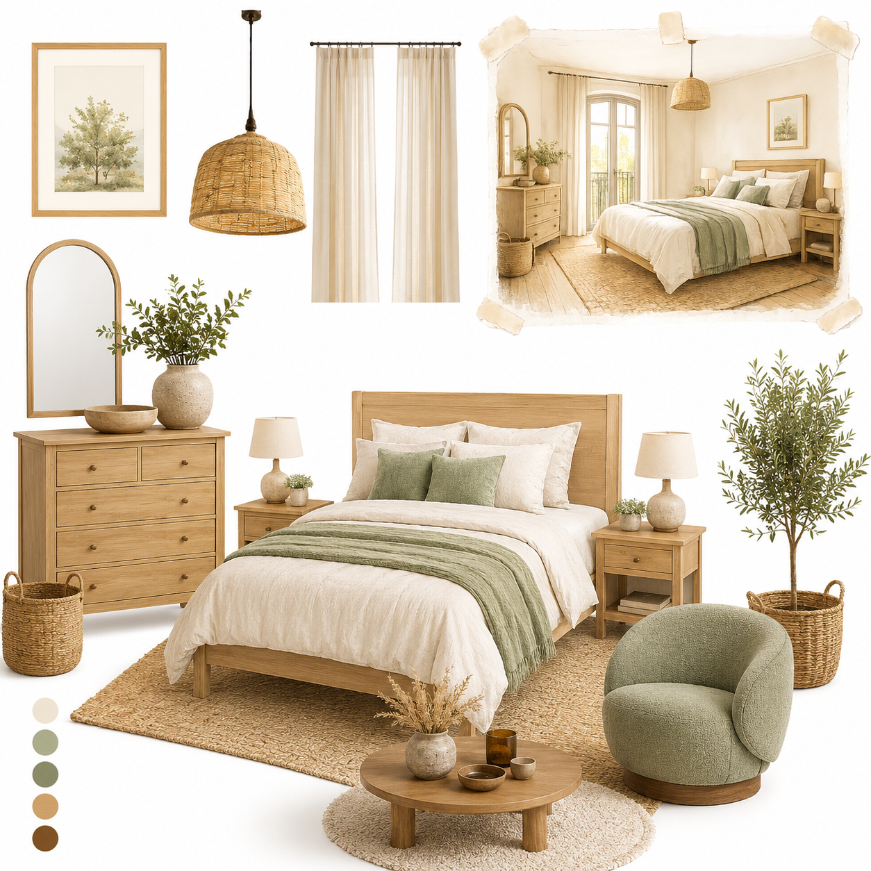 Une chambre à coucher avec mobilier en bois clair, literie beige et accessoires verts. Décor naturel avec plantes, lampes, miroirs, et tapis beige.