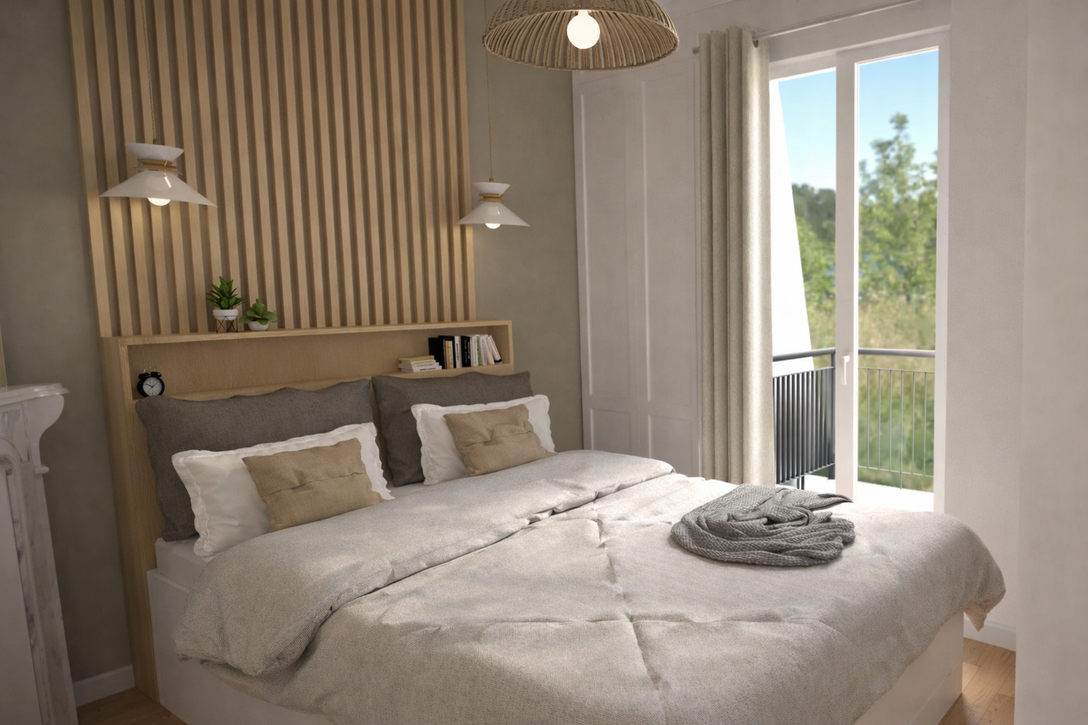 Chambre lumineuse avec lit double, rideaux ouverts sur un balcon, décor moderne et neutre.