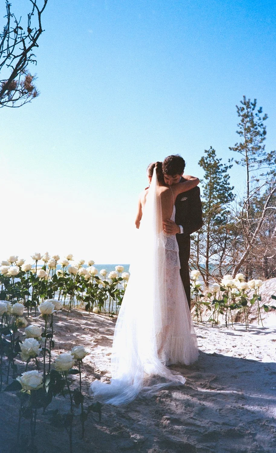 A bride and groom embracing outdoors on a sandy beach with white roses and trees in the background under a clear blue sky.