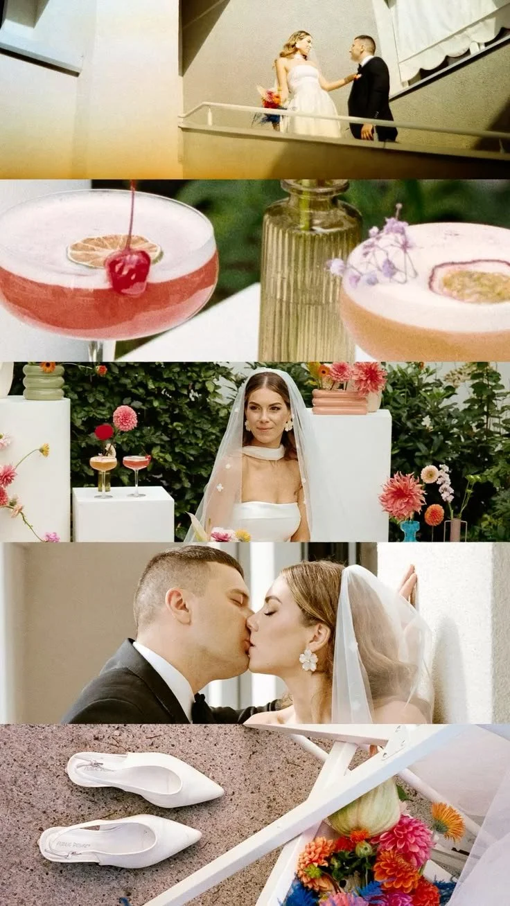 A collage of wedding scenes featuring a bride and groom, floral arrangements, beverages, and accessories.