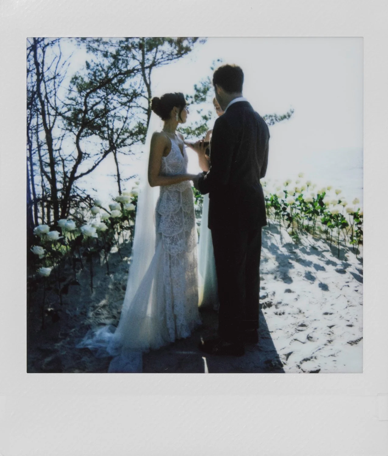 A bride and groom exchanging vows on a beach, with trees and flowers in the background.