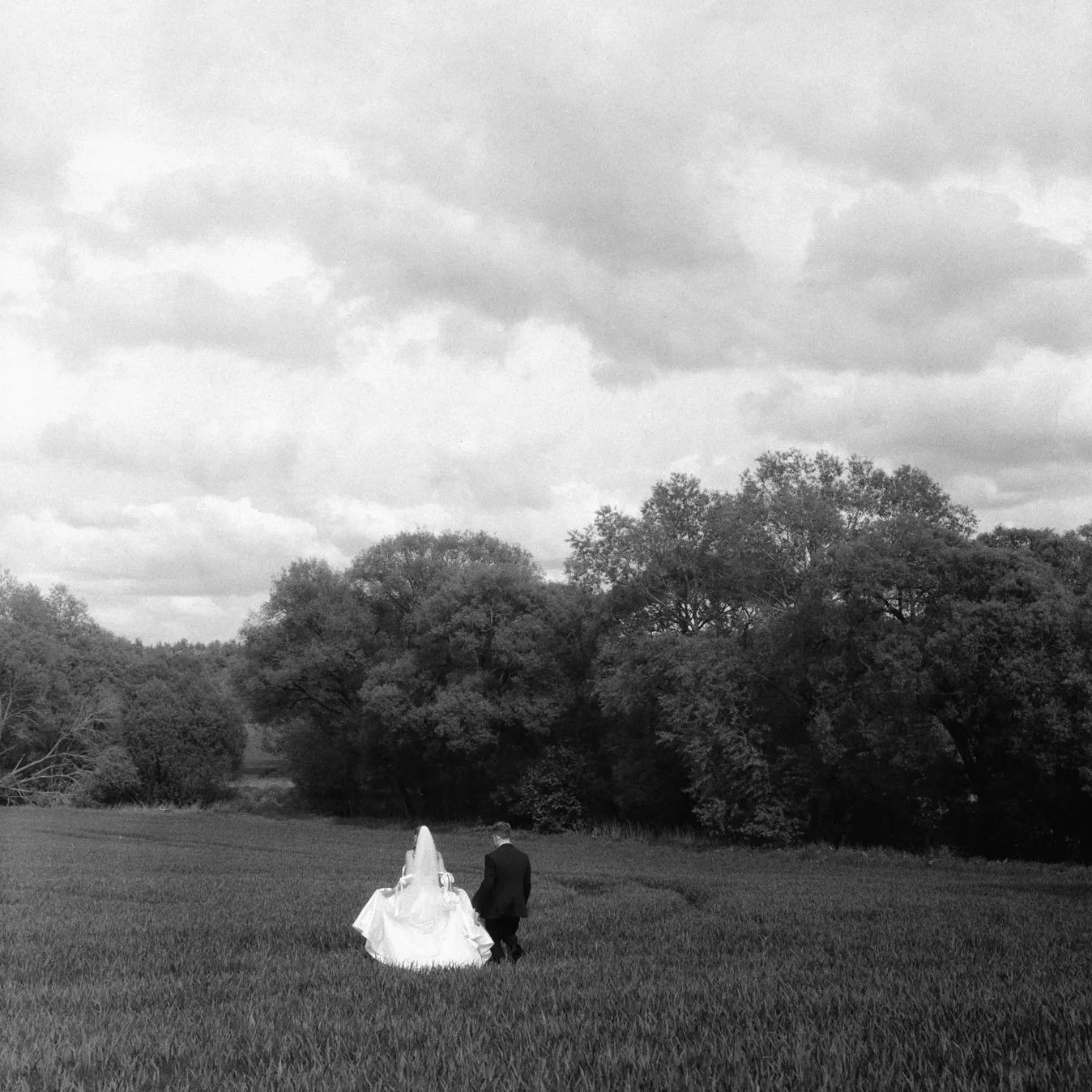 A bride and groom walking away in a field, with trees and cloudy sky in the background.