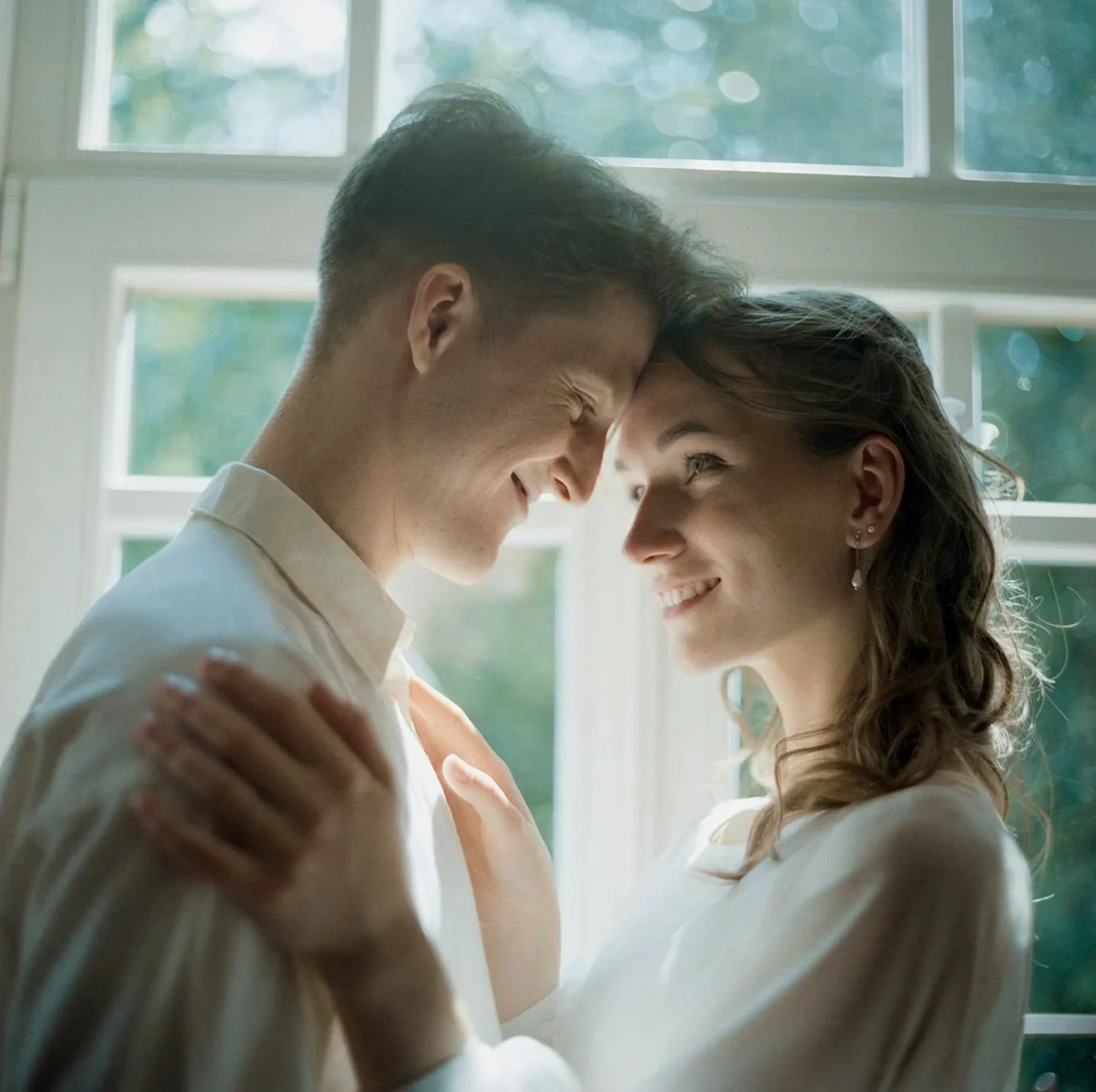 A couple standing close to each other, smiling and touching foreheads, inside near a window with natural light.