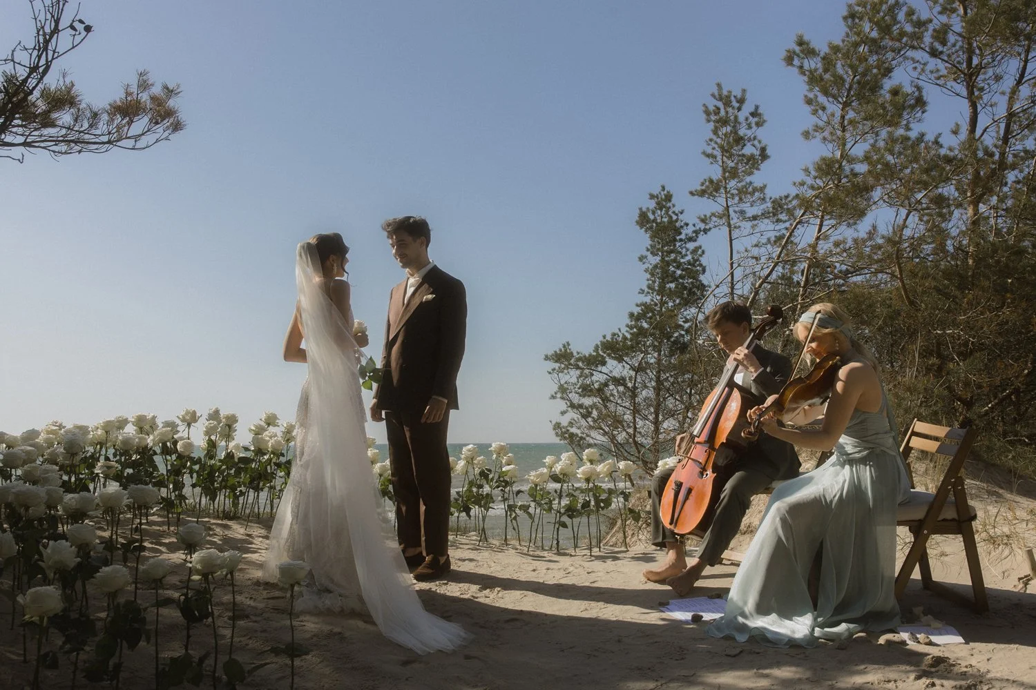 A beach wedding ceremony with a bride in a white wedding dress and veil holding a bouquet, and a groom in a dark suit holding hands, while two musicians play classical instruments nearby.