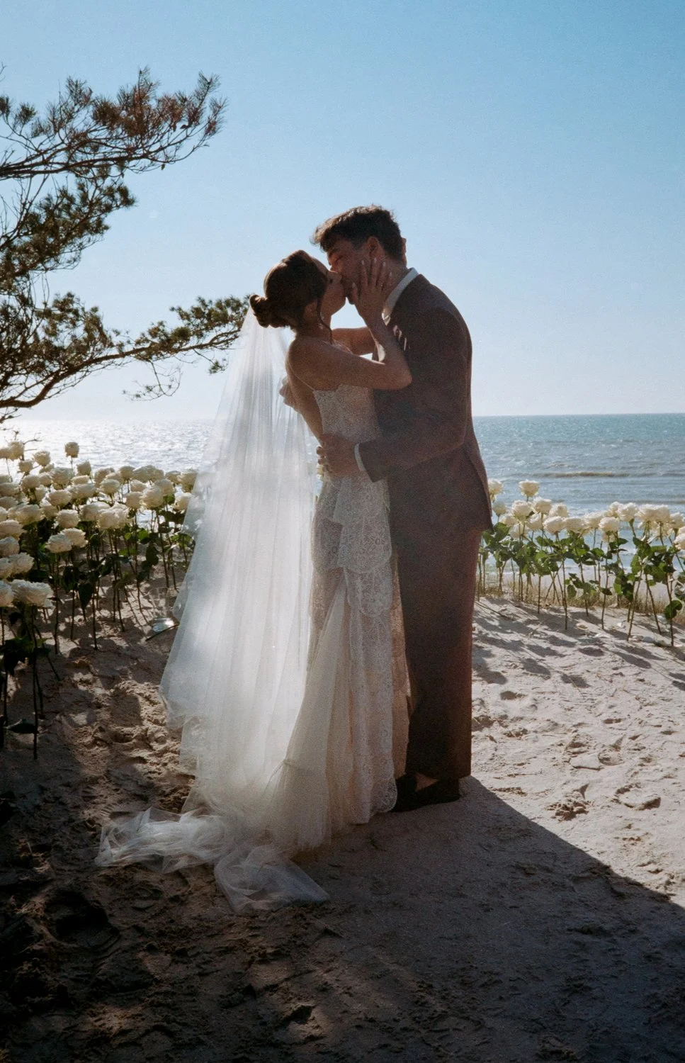 A bride and groom share a kiss on a beach at sunset, with white flowers and a tree nearby.