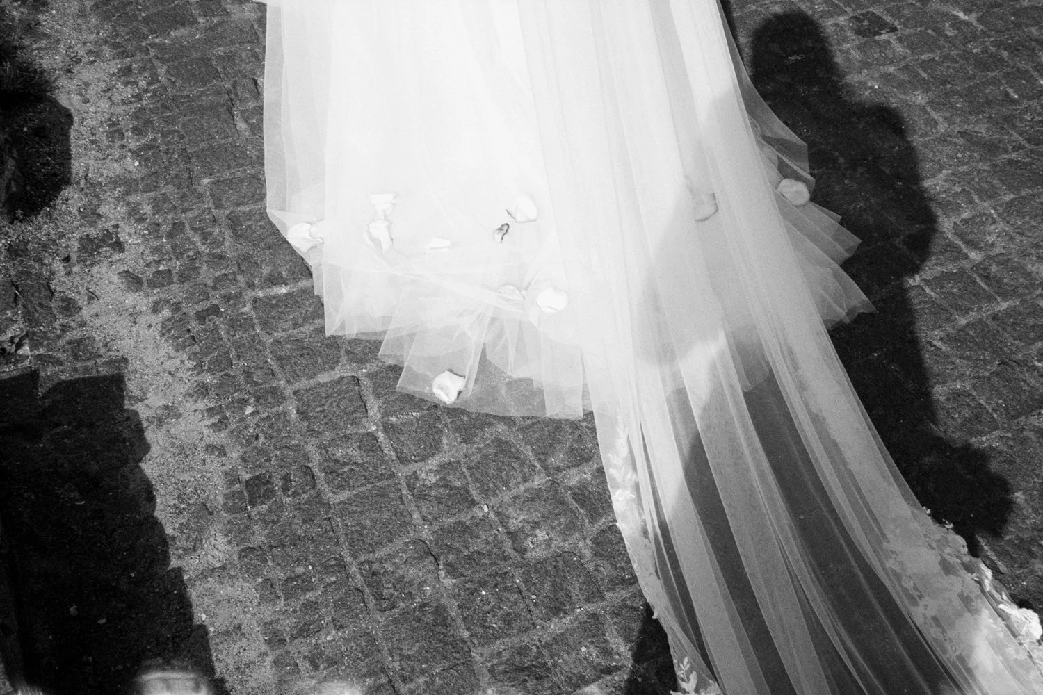 Close-up of a wedding dress with scattered flower petals on a cobblestone ground, with shadows cast on the surface.
