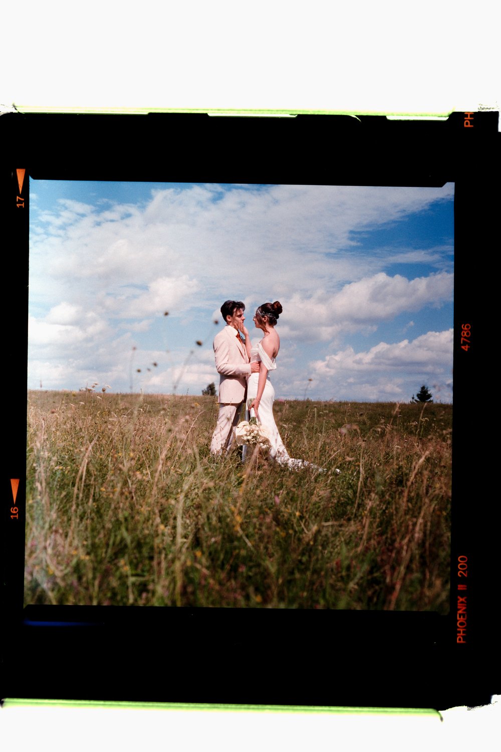 A couple in wedding attire standing in a grassy field under a partly cloudy sky, holding hands and facing each other, with the bride holding a bouquet.