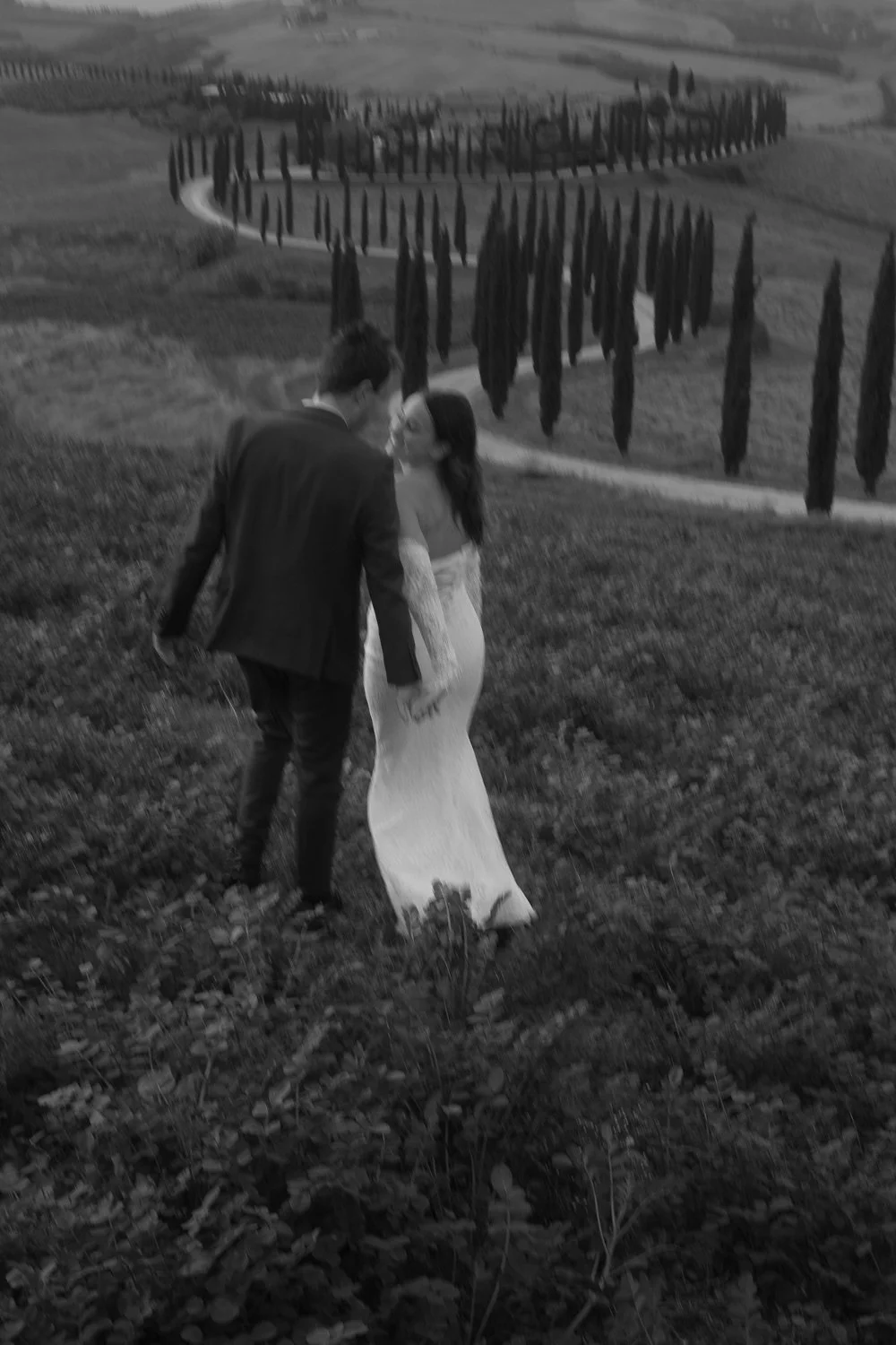 A couple walking hand in hand through a hilly vineyard in italy tuscany at dusk, with rows of tall cypress trees in the background.
