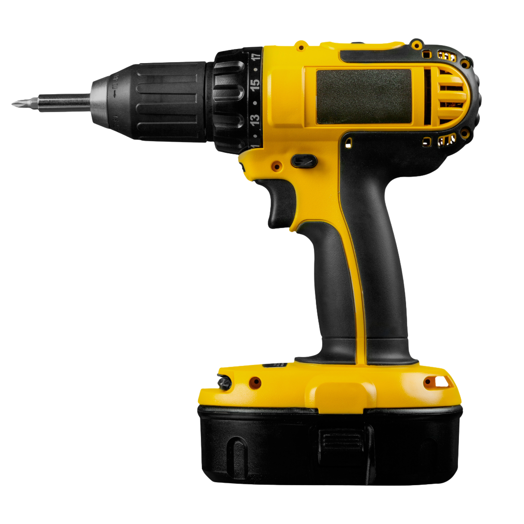 Yellow and black cordless power drill with a black drill bit attached, isolated on a transparent background.