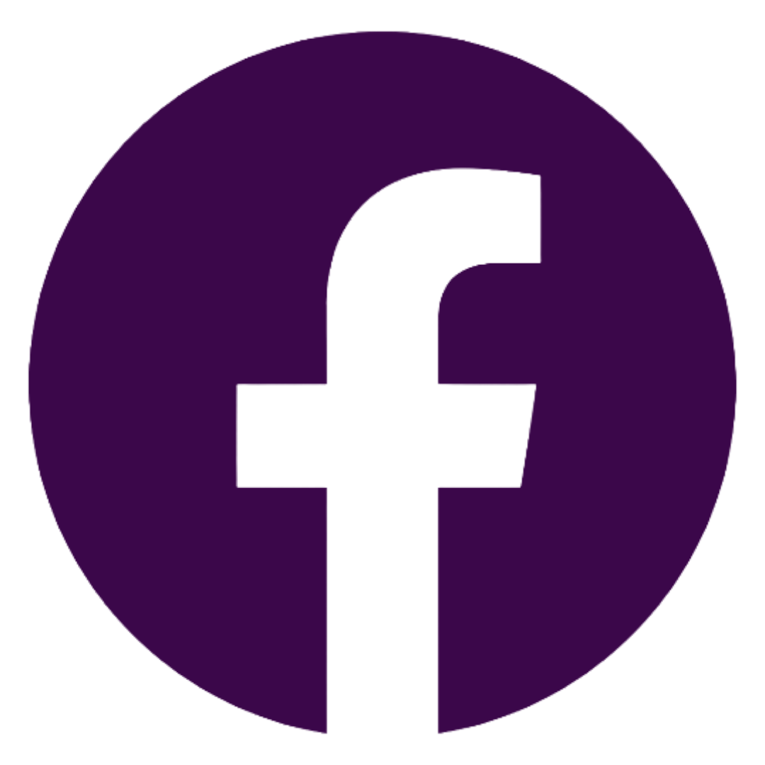 Facebook logo featuring a lowercase 'f' in black on a dark purple circular background.