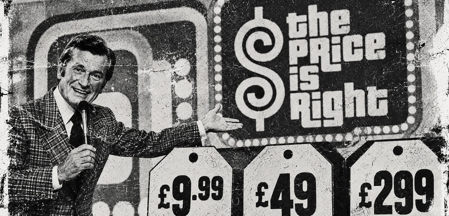 Black and white xerox-style illustration exploring pricing, money and perceived value