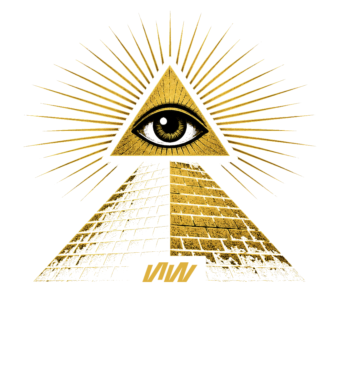 A stylized gold pyramid with an eye inside a triangle at the top, radiating lines around it, and the text 'W THE FAME MACHINE' at the bottom on a black background.