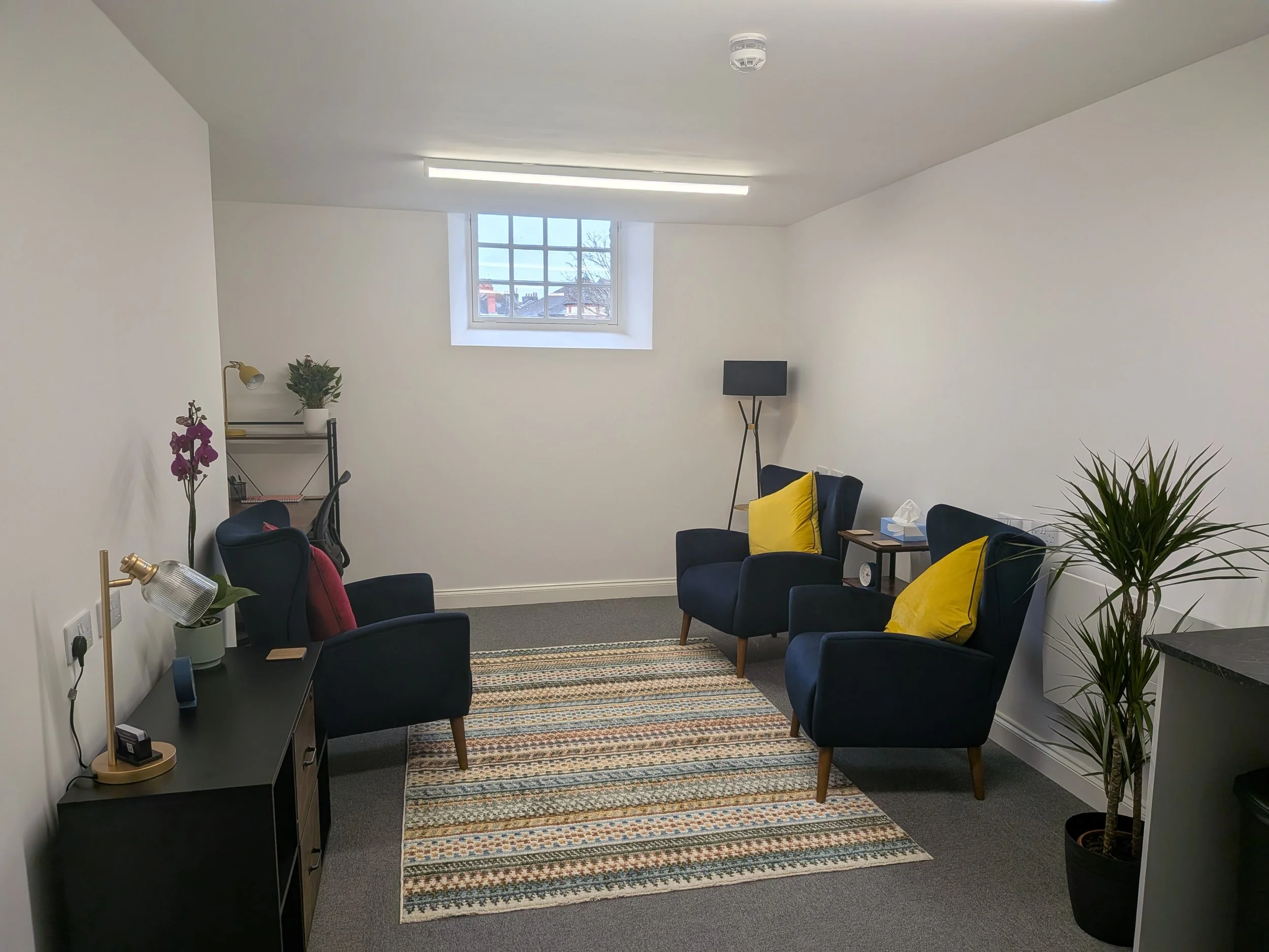 A cozy Living room with three navy blue armchairs with yellow pillows, a small black side table with tissues, a tall standing lamp, a small table with a potted plant, a tabletop lamp, a black cabinet, a purple orchid, a small shelving unit, a colorful striped rug, a window with a view of rooftops, and some indoor plants.