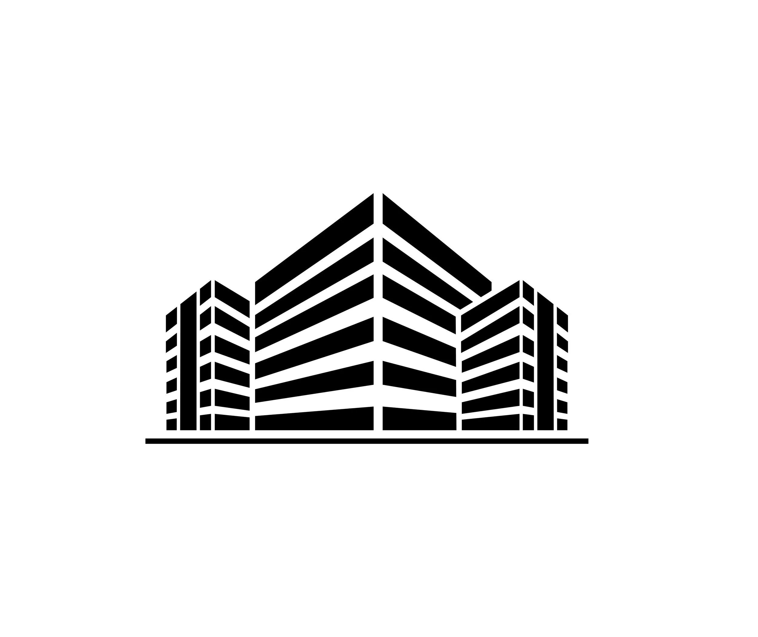 Black and white graphic of a modern multi-story building with horizontal and vertical lines