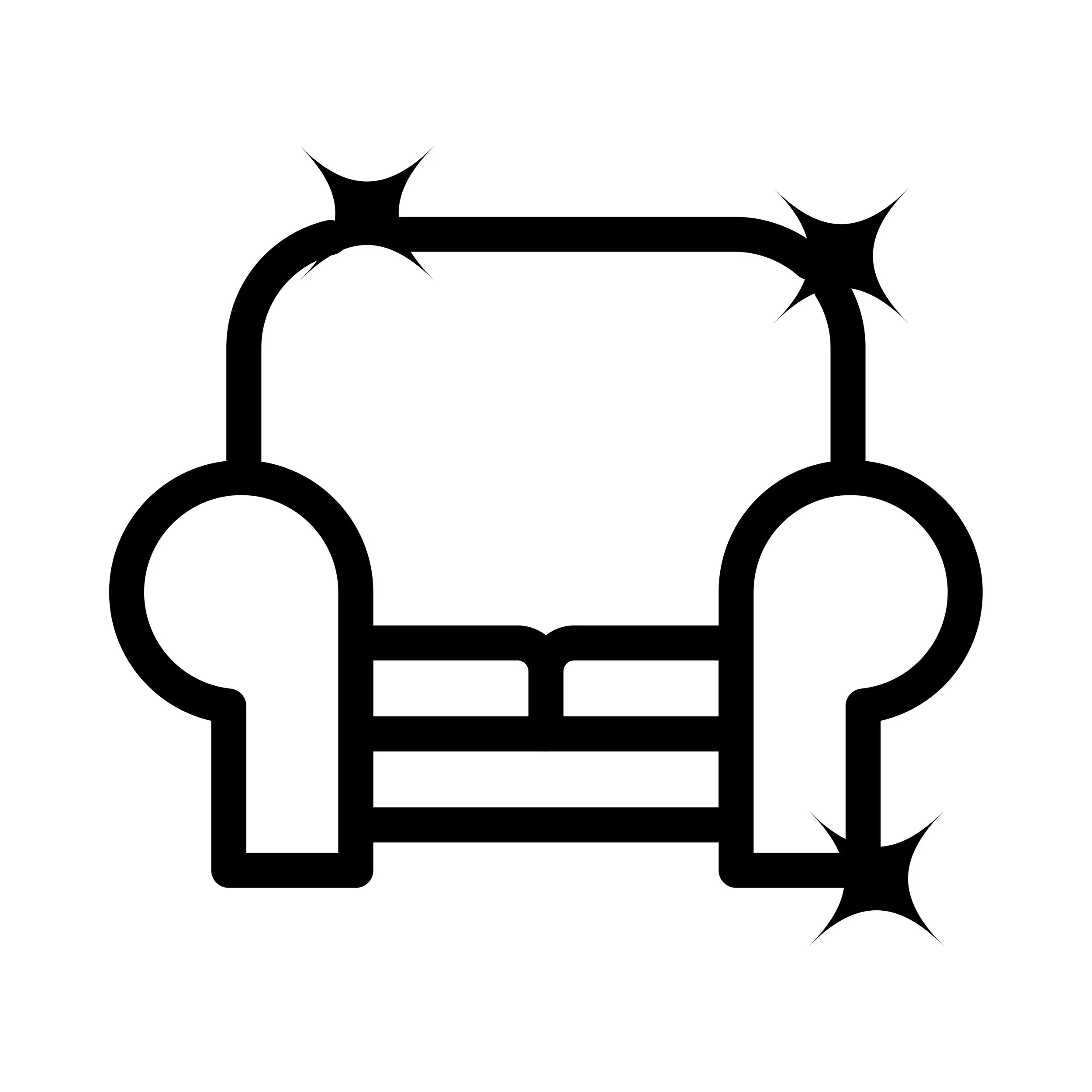 Line art illustration of a plush chair with sparkles around it.