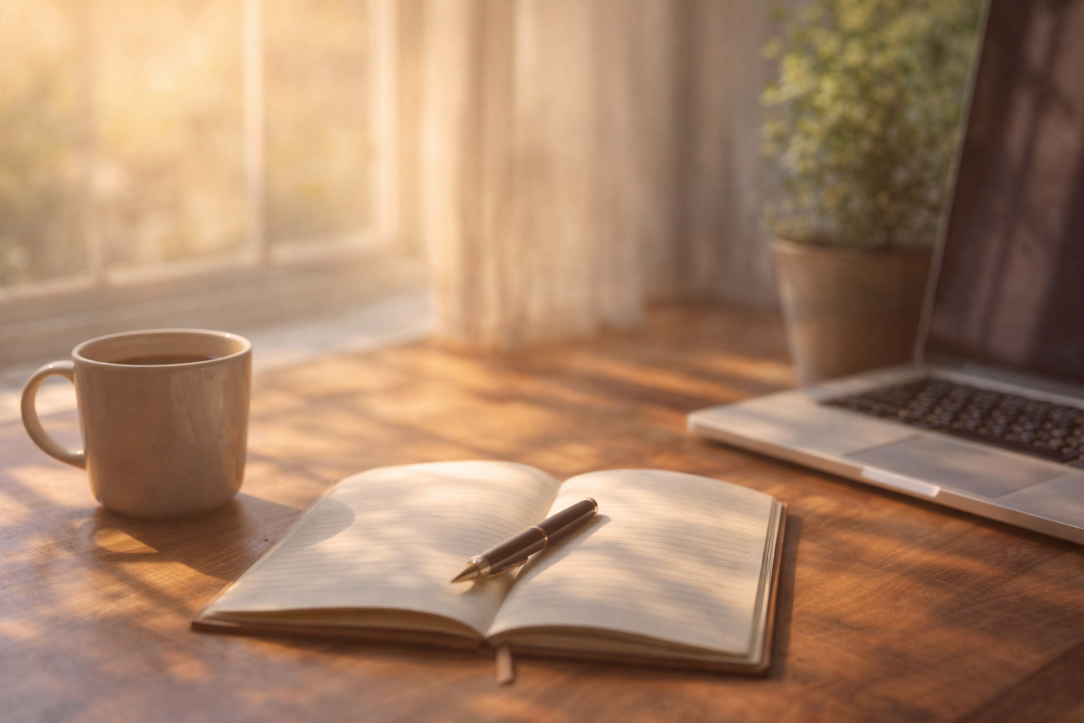 A Cozy workspace with coffee, notebook, laptop, to make a plan for relationship help and self-growth, representing focus, clarity, accountability, and personal growth through emotional support and coaching.
