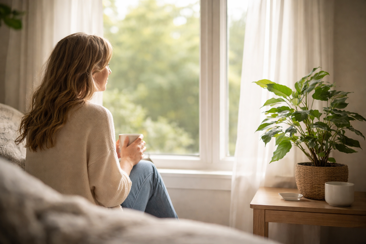 Woman with long wavy hair holding a cup and looking out a window in a cozy room, representing reflection, personal growth, and finding clarity through coaching support.