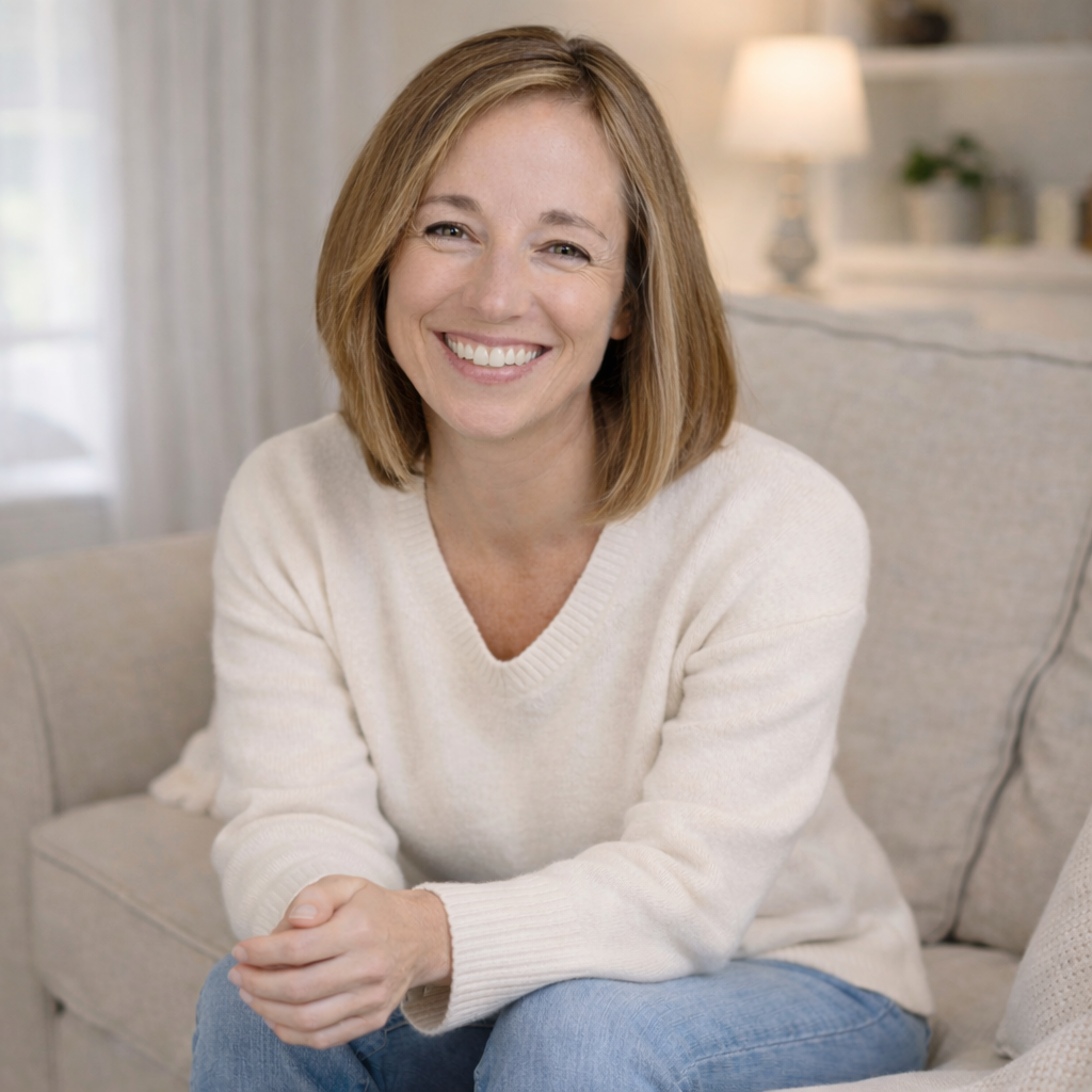 Christi inviting relationship coarching sitting on a sofa in a warm room, reflecting emotional healing, clarity, and supportive relationship coaching.