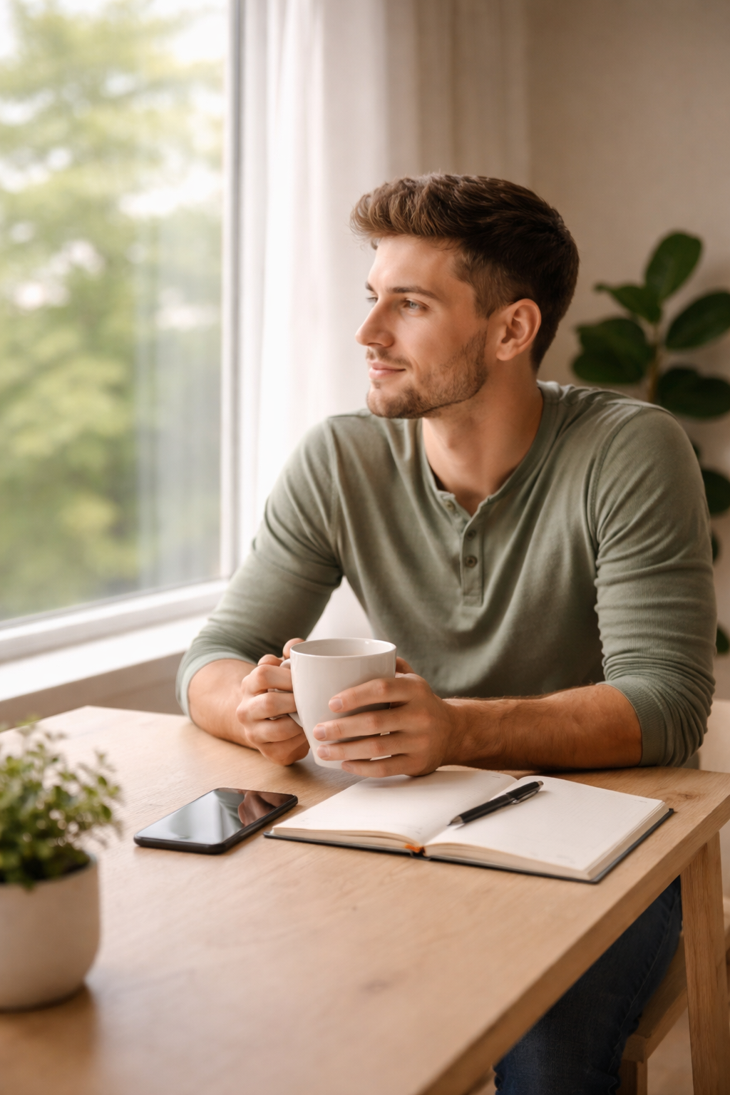 Young man sitting at a table with coffee, notebook, and phone, looking out a window, representing self-reflection, goal setting, pre-marital support, and personal development coaching