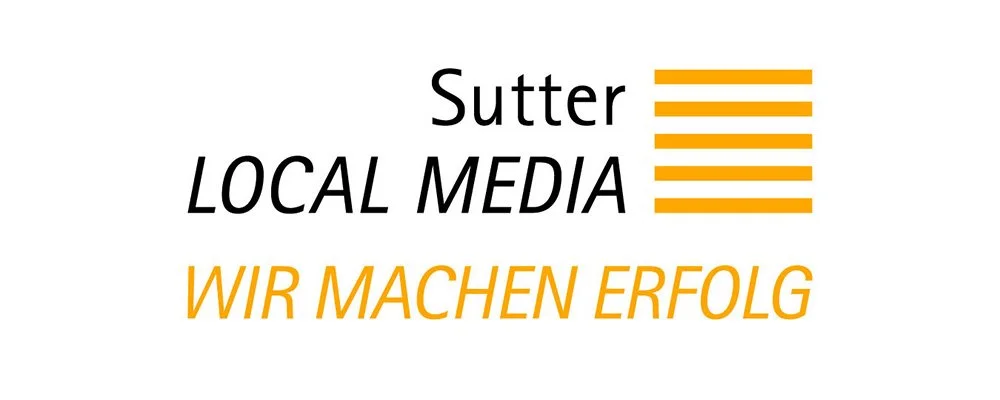 Logo mit dem Text 'Sutter', 'LOCAL MEDIA' und 'WIR MACHEN ERFOLG' in Schwarz und Orange.