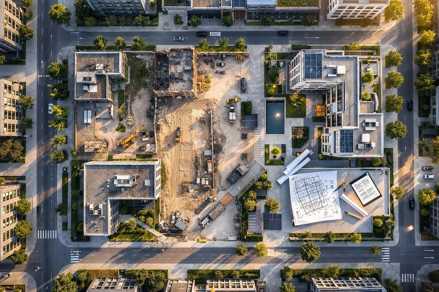 Luftaufnahme eines Stadtblocks mit laufenden Bauarbeiten, Baustellen, Baugeräten, Planen, und umgeben von Straßen mit parkenden Autos und Bäumen.