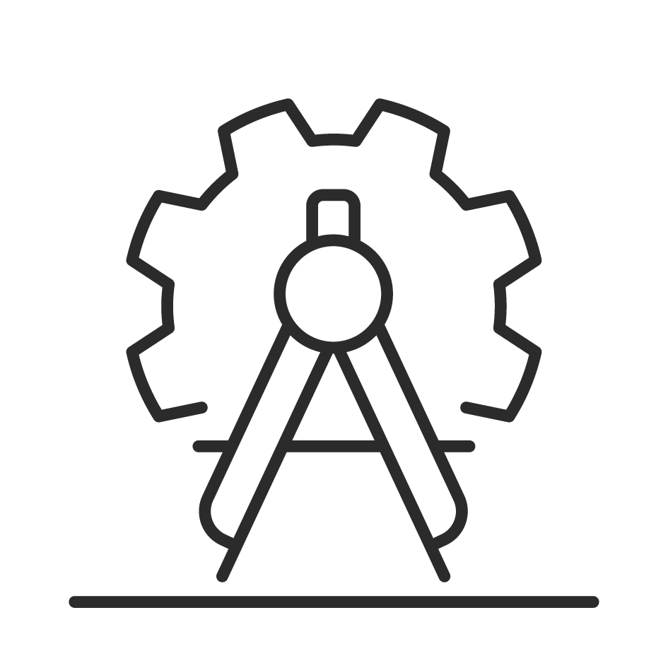 Ein technisches Zeichen mit einer Zirkelscheibe vor einem Zahnrad, symbolisiert Technik oder Ingenieurwesen.