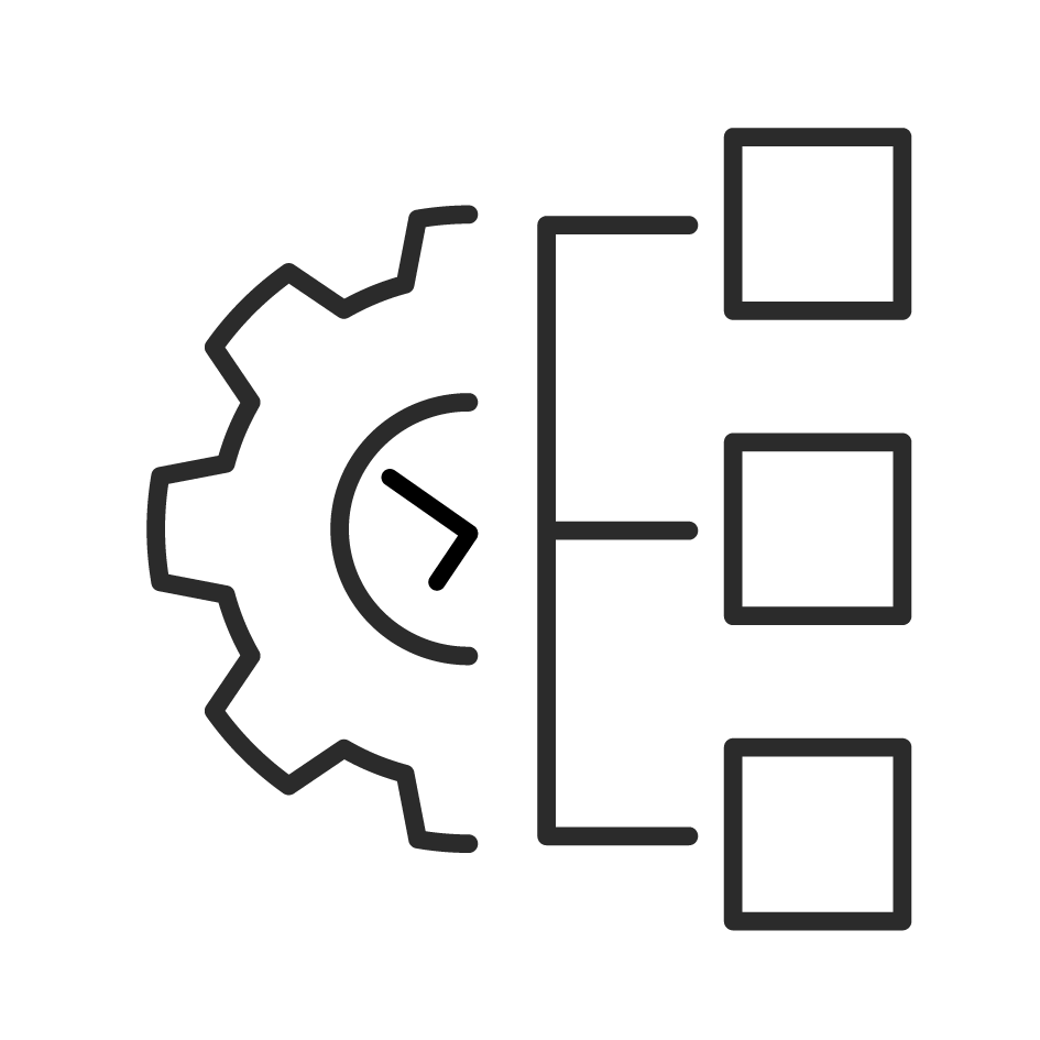 Symbol eines Zahnrad mit einem Kreis in der Mitte, verbunden mit drei rechteckigen Boxen durch Linien, die eine Hierarchie darstellen, was auf ein Flussdiagramm oder eine Organisationsstruktur hinweist.