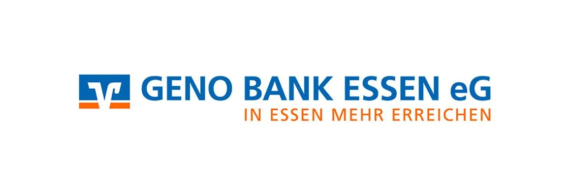 Logo der GENO Bank Essen mit blauer Symbolik und orange Schriftzug, darunter der Slogan 'In Essen mehr erreichen'.