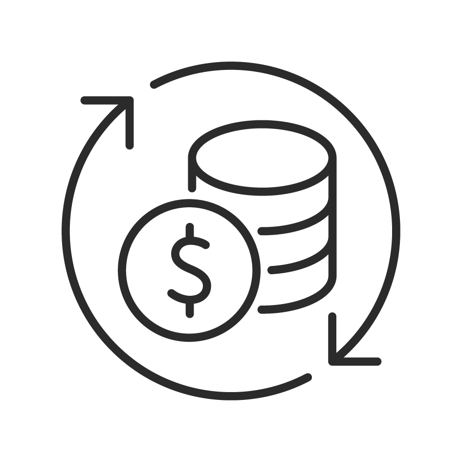 Symbol für Geld und Finanztransaktionen mit Münzen, einem Dollarzeichen und einem Pfeil im Kreis.