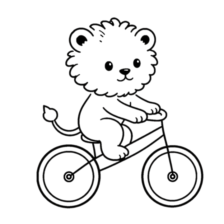 A drawing of a cute lion riding a bicycle.