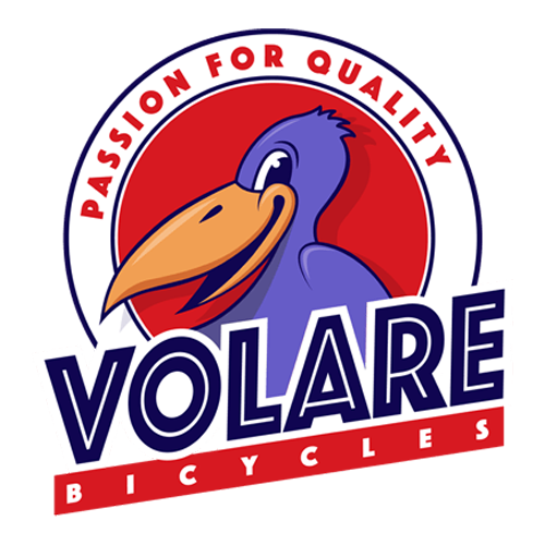 Logo of Volare Bicycles featuring a smiling cartoon bird with a large orange beak against a red background, surrounded by the slogan 'Passion for Quality'.