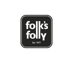 Logo with the text 'folk's folly' and 'Est. 1977' on a black background.