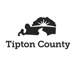 Silhouette of a person fishing at sunset over water, with the text 'Tipton County' beneath.