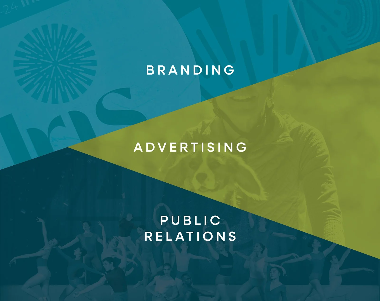 A colorful graphic with overlapping sections labeled 'Branding', 'Advertising', and 'Public Relations', with images of people and a woman with a dog in the background.