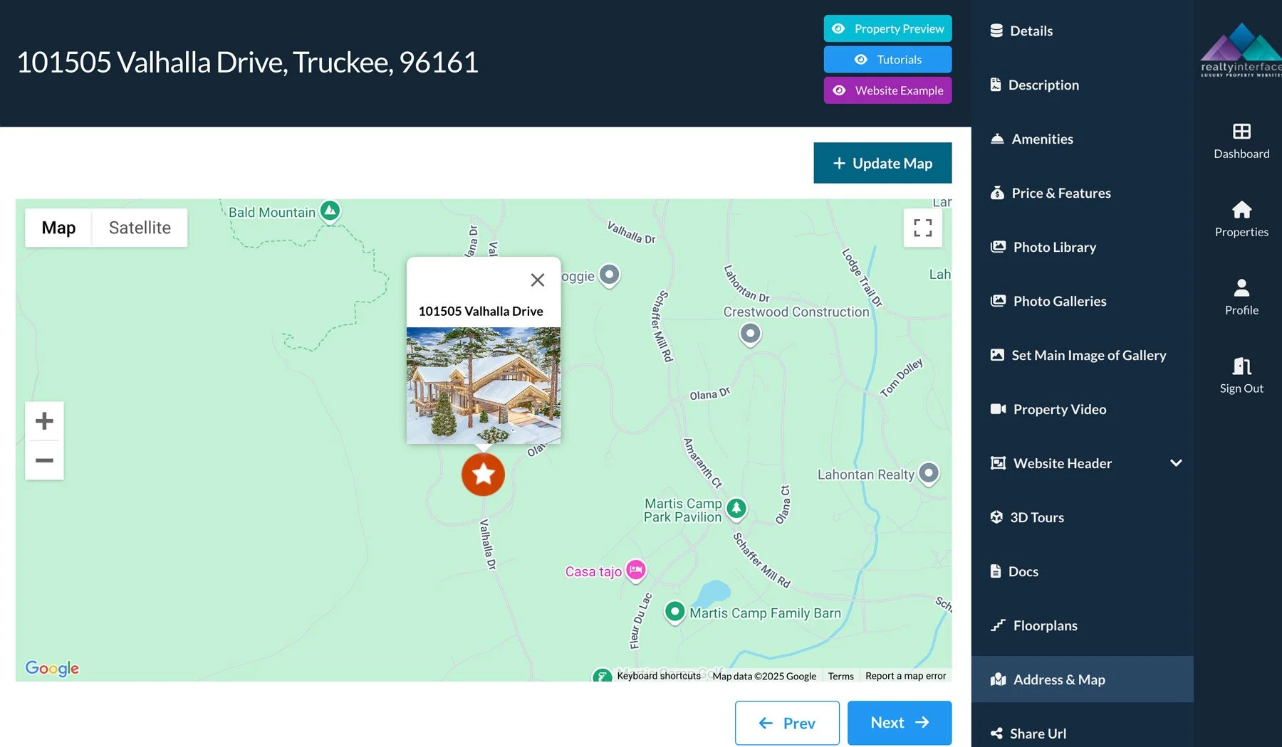 Screenshot of a real estate website displaying a map view of Truckee, California, with a highlighted location at 101505 Valhalla Drive. The interface includes property details, tutorials, and various navigation options on the right.
