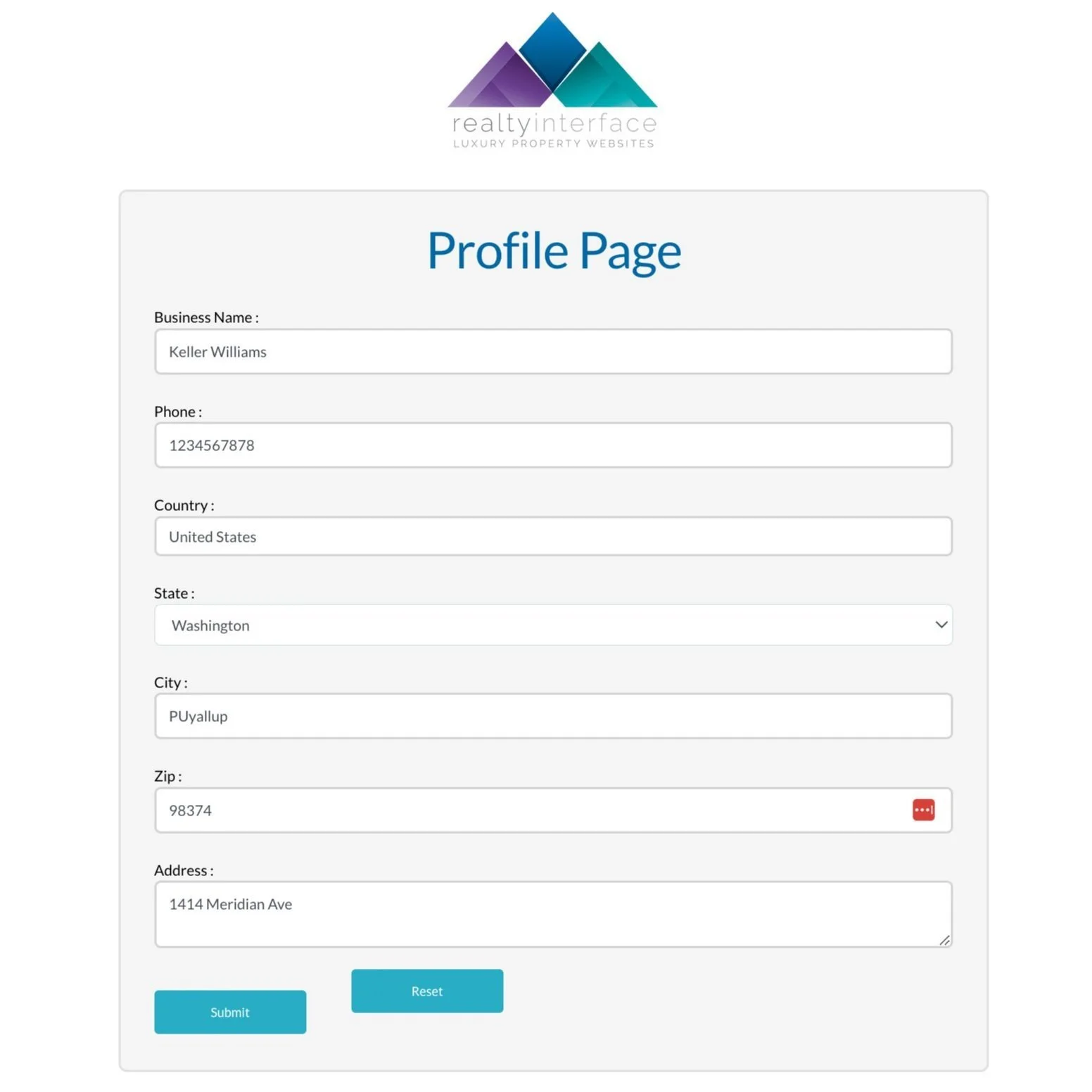 Online form titled 'Profile Page' with fields for business name, phone, country, state, city, zip, and address, displayed under a realty interface logo.