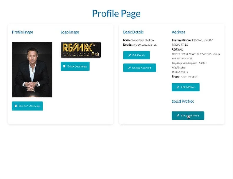 Profile page layout with sections for profile image, company logo, basic details, address, and social profiles. Includes edit buttons for each section.