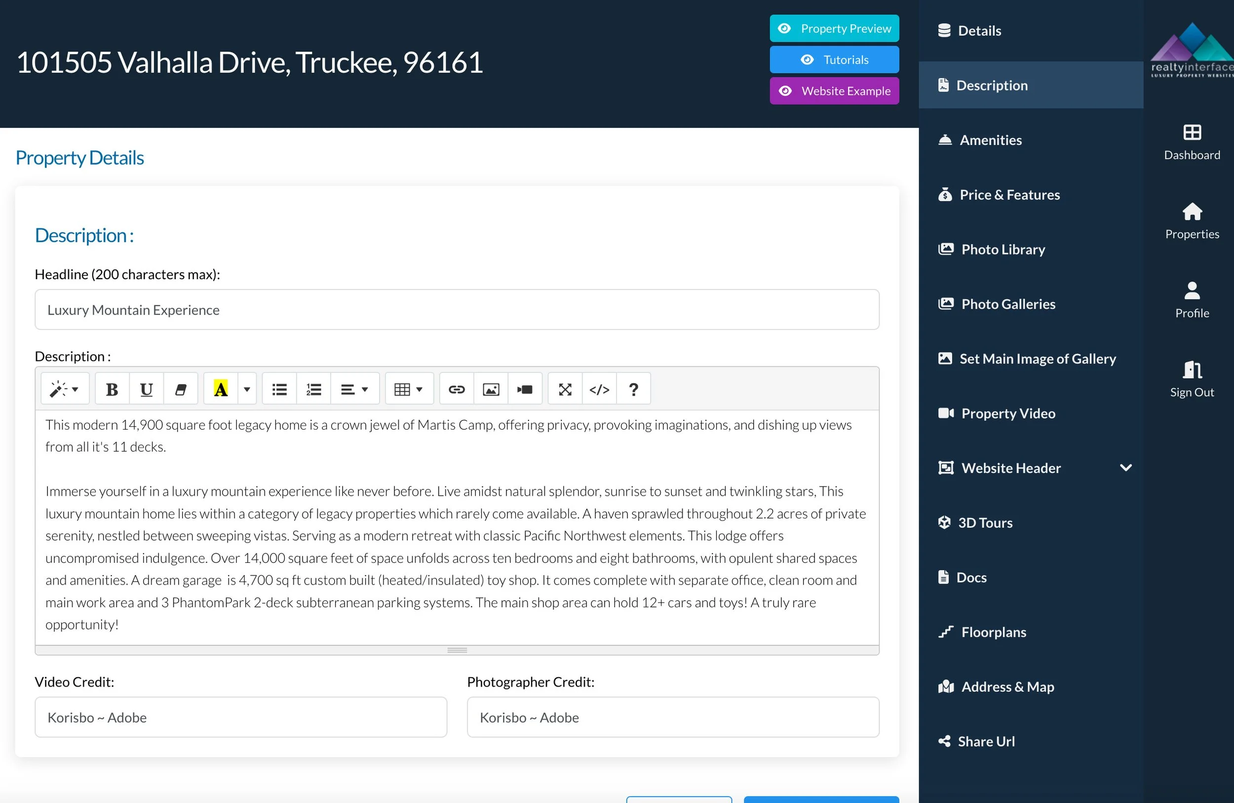 Realty website interface showing property details for "Luxury Mountain Experience" at 101505 Valhalla Drive, Truckee, 96161. Description mentions a 14,900 sq ft home in Martis Camp with 11 decks, 10 bedrooms, and 8 bathrooms. Features include a garage for 12+ cars, shared spaces, and a mountainous setting. Options on the left include Dashboard, Properties, and Website Header.