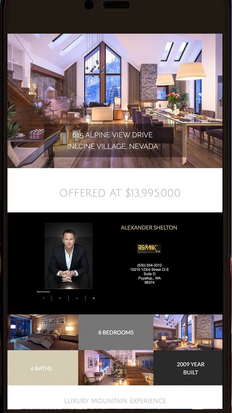 Luxury real estate listing for a house in Incline Village, Nevada, featuring large living space, offered at $13,995,000. Includes 8 bedrooms, 6 bathrooms, built in 2009. Realtor information and contact details provided.