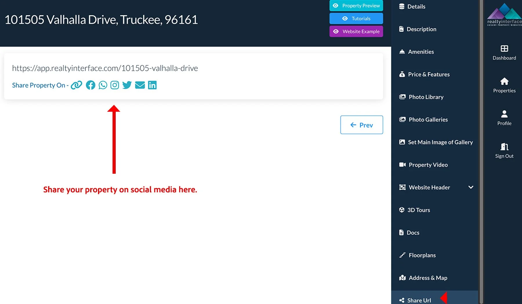 Real estate webpage interface with address 101505 Valhalla Drive, Truckee, 96161, and social media sharing options.